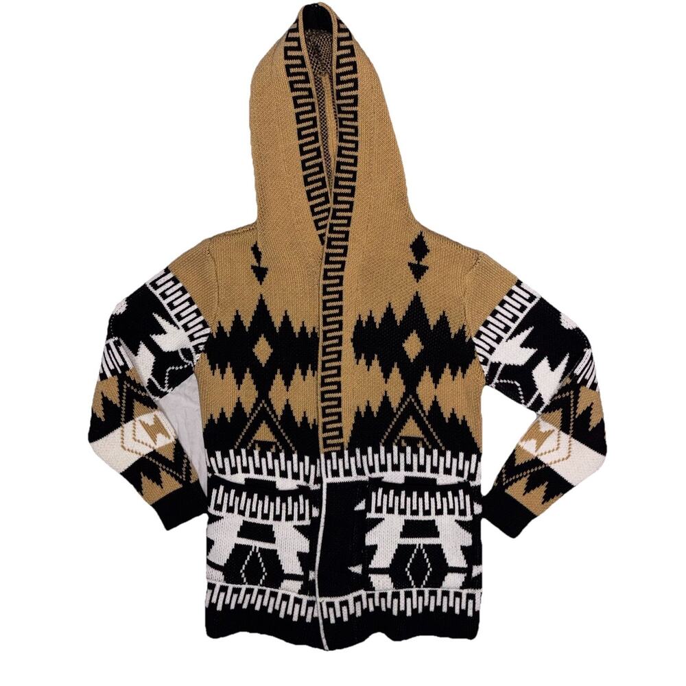 Mario Cavani Mens Vintage Hooded Aztec-Style Knit Zip-Up Sweater Jacket Size M